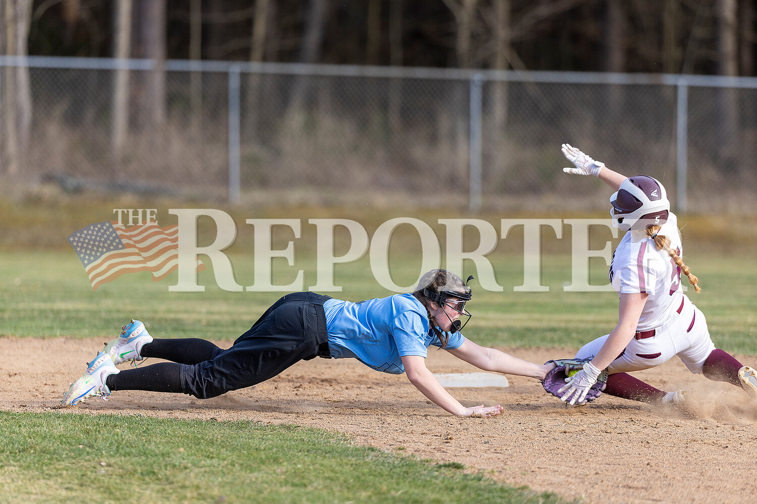 Gilboa-Conesville/Roxbury’s Olivia Ross dives to tag out Charlotte Valley’s Abby Vroman during CVCS’s 9-1 win Tuesday, April 9.